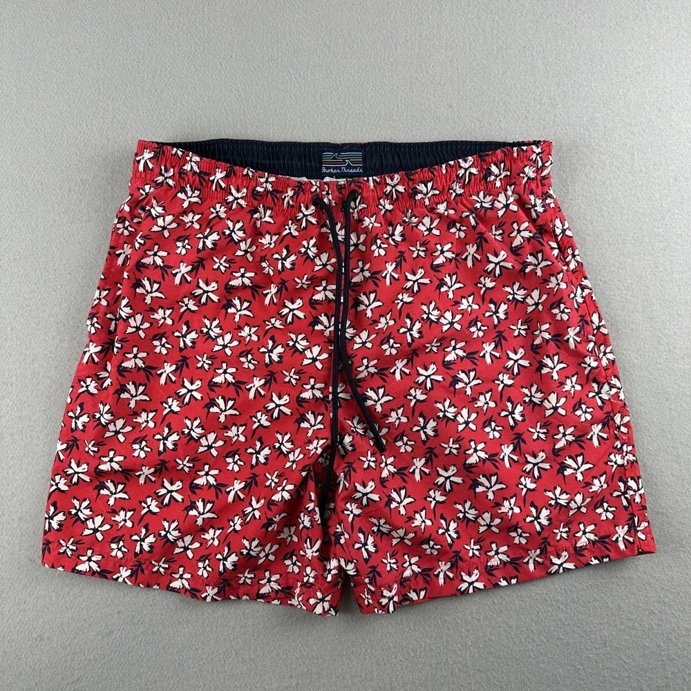 Brother Threads Red White Floral Swim Shorts Drawstring Elastic Men's Medium
